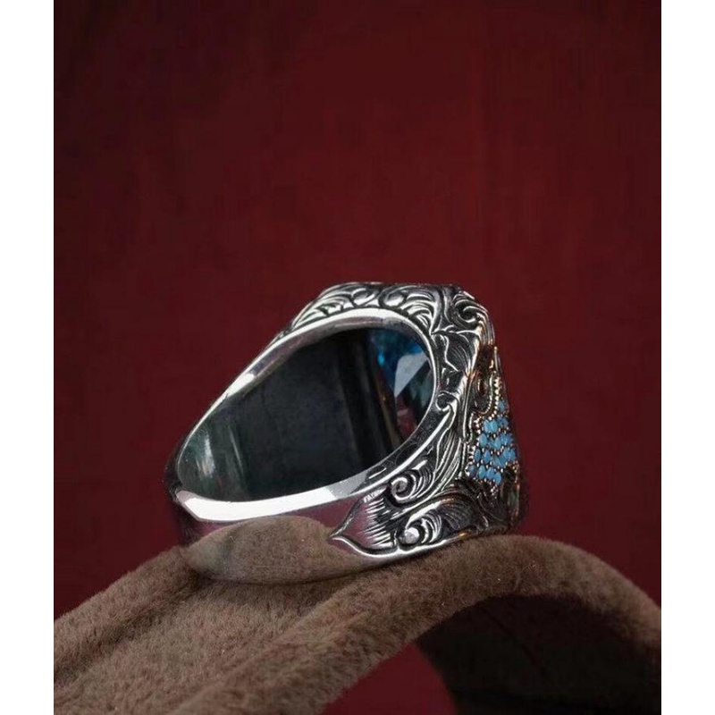 Cincin Sapphire Kristal Zircon Biru Silver Gaya Vintage Untuk Pria