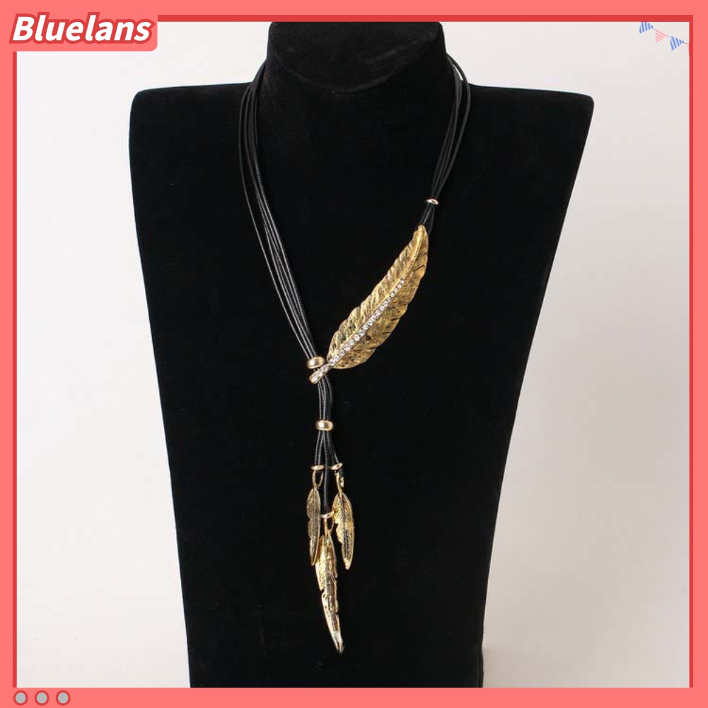 Bluelans Kalung Tali Kulit Imitasi Liontin Bulu Aksen Berlian Imitasi Gaya Bohemian Untuk Wanita
