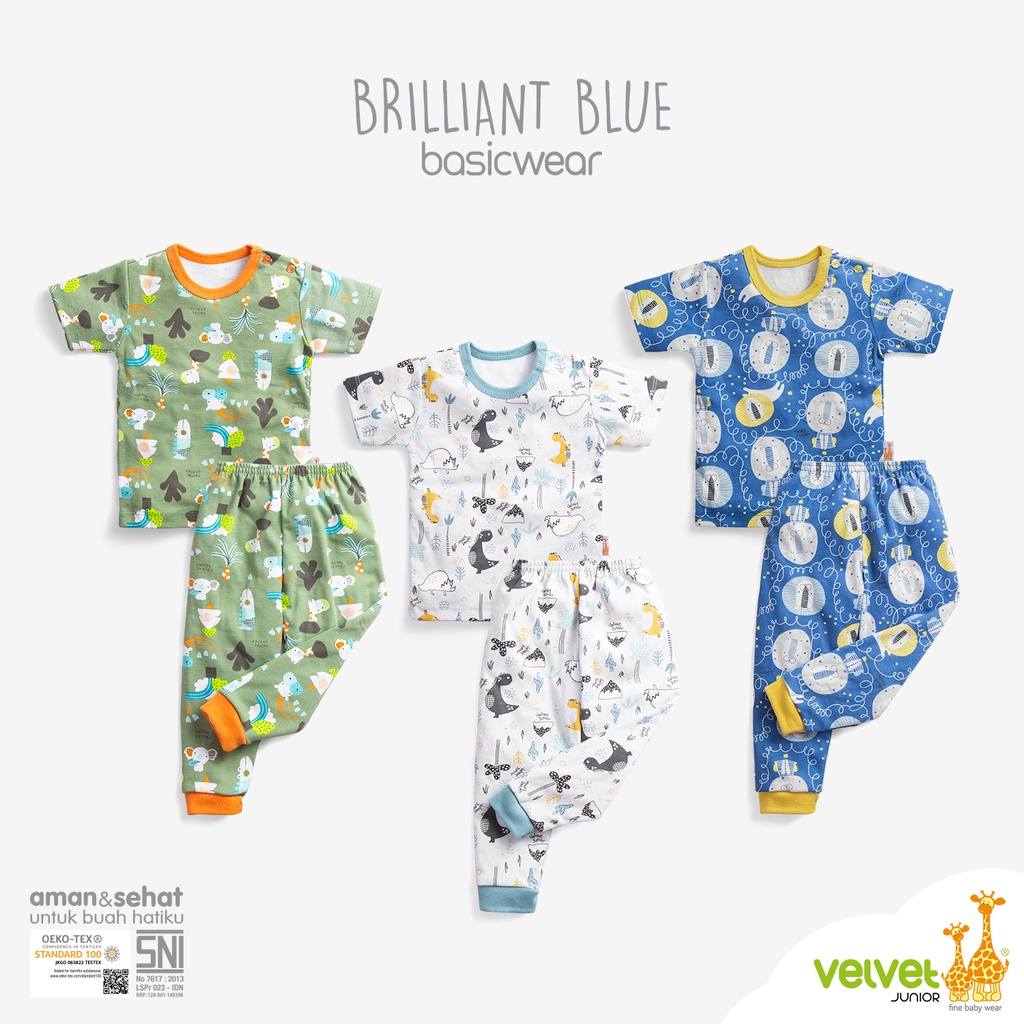 3 Set - Velvet Junior CPR COURAGE Terbaru | Setelan Anak Kaos Celana Terbaru Open Basic Wear BRILLIANT BLUE  Piyama