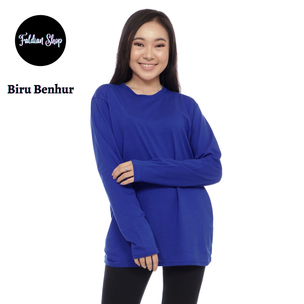 Kaos Polos Wanita Oneck Lengan Panjang Bahan Katun Combed 30s Warna Biru Benhur