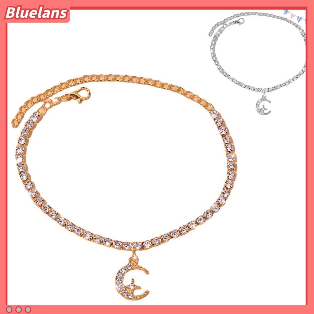Gelang Kaki Rantai Berlian Imitasi Adjustable Bentuk Bulan Bintang Untuk Wanita