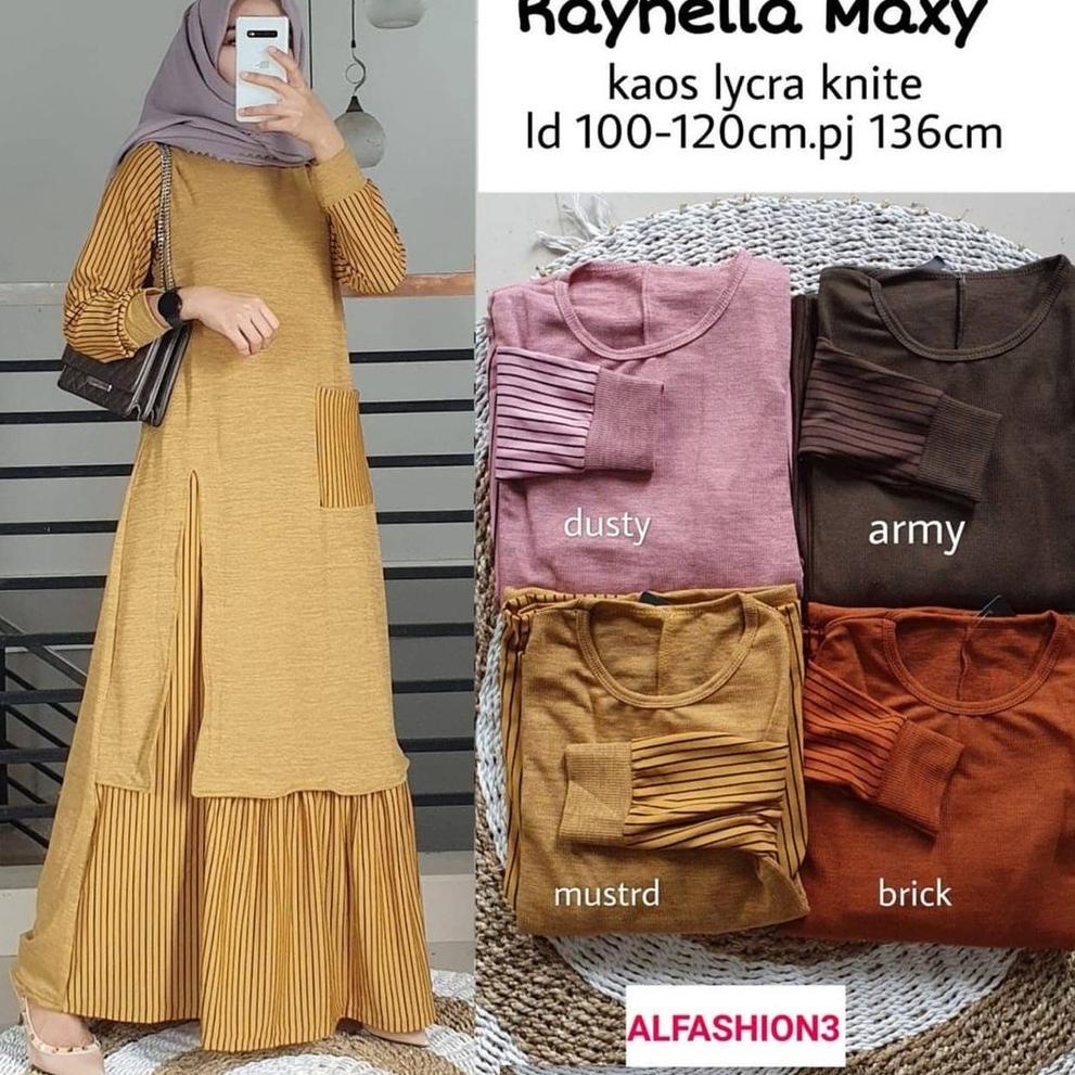 Gamis Wanita Raynella Maxy Kaos Import Polos Kombinasi Salur Kotak Melar Nyaman Dipakai Simpel Bagus