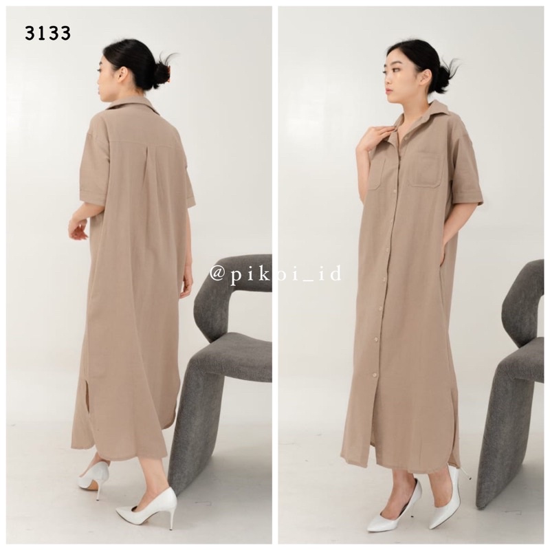 Loose dress wanita katun linen / dress wanita busui full kancing / oversize kemeja dres panjang 3133