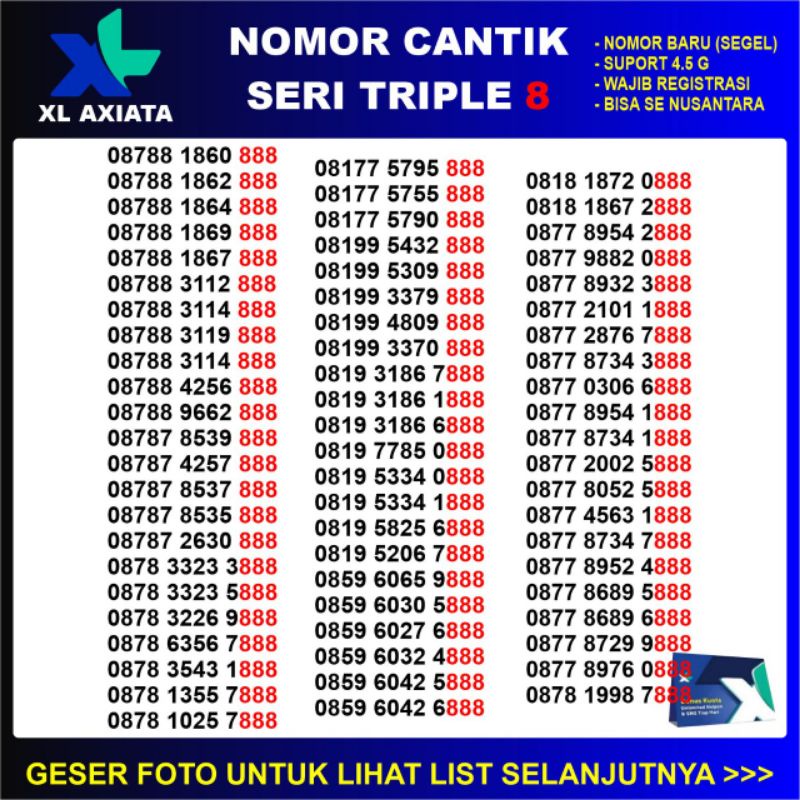 KARTU PERDANA XL NOMOR CANTIK MURAH TRIPLE 888