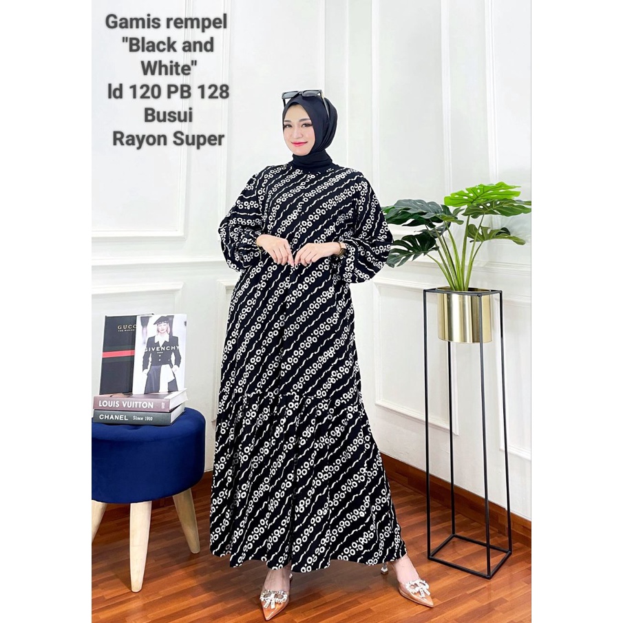 GAMIS RAYON PREMIUM MALAMAN BLACK WHITE JUMBO RESLETING DEPAN DRESS WANITA SYARI BATIK CAP PEKALONGAN