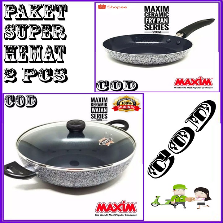 MAXIM CERAMIC WOK 30 CM TUTUP KACA ORI + 22CM FRYPAN BERGARANSI RESMI