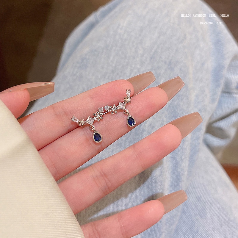 Anting Tusuk Sterling silver 925 Desain Bintang Hias Kristal Zircon Biru Mewah Untuk Wanita