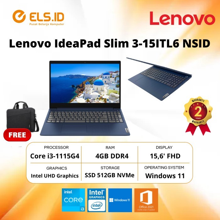 Laptop Lenovo IdeaPad Slim 3-15ITL6 NSID i3-1115G4 4GB SSD 512GB 15.6' FHD W11+OHS