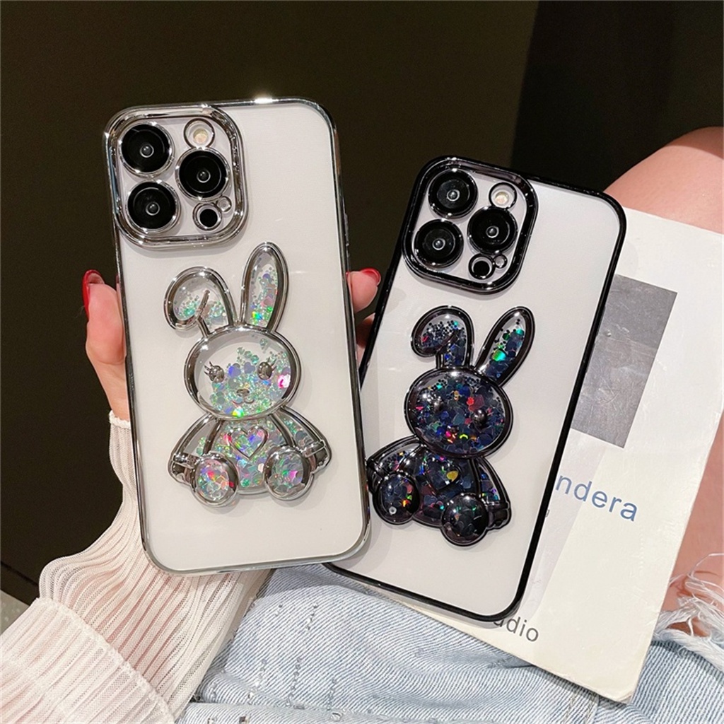 Case Pelindung Kamera Desain Kelinci 3D Warna Ungu Tahan Banting Untuk iphone 14 pro max 14 plus 11 12 13 pro max