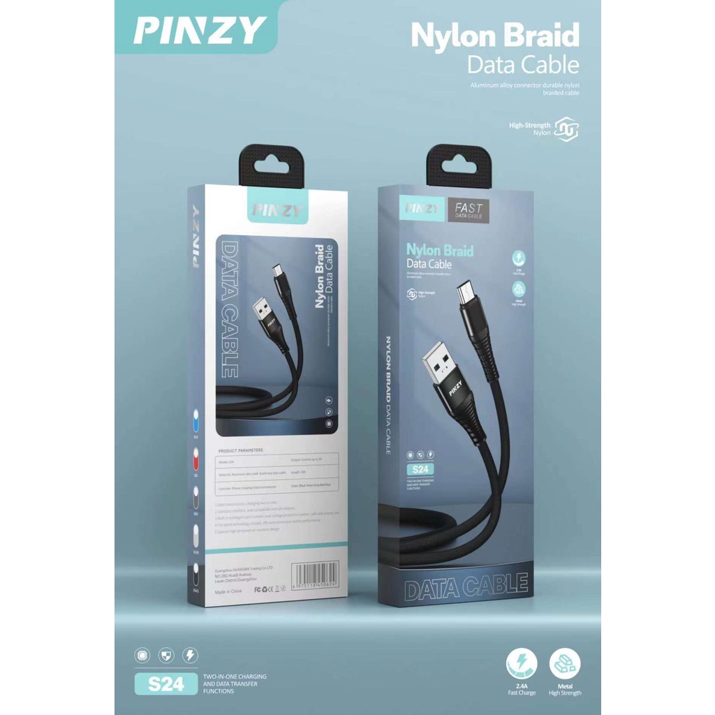 Kabel Data Charger PINZY S24 Micro USB Nylon Braid 2.4A Fast Charging