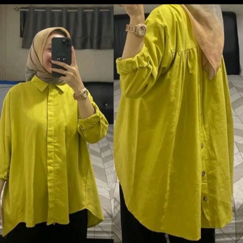 Kemeja Crop Linen Crinkcle Oversize Atasan Basic Shirt Korean Style Lengan panjang Blouse Kancing Depan Belakang