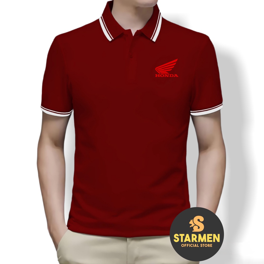 Kaos Polo Shirt Pria Kerah List Putih Logo HONDA RED