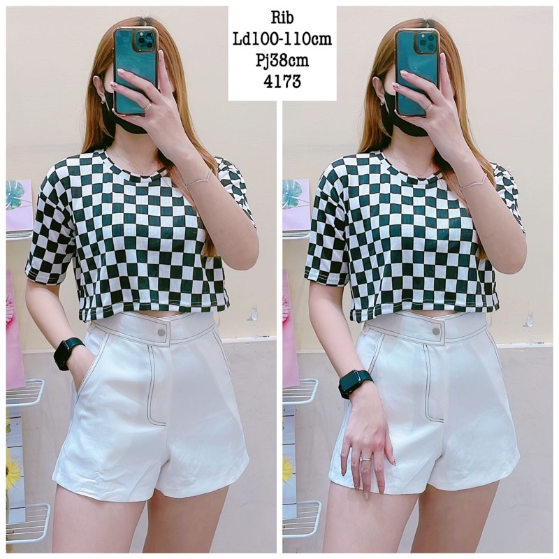 Atasan crop top catur wanita bahan rib