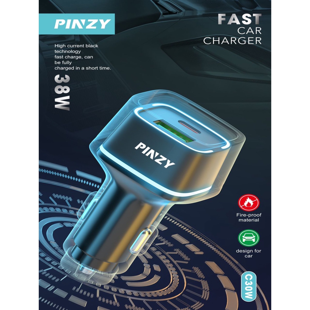 Car Charger / Saver Mobil PINZY c30w pd20w Free Kabel Micro USB