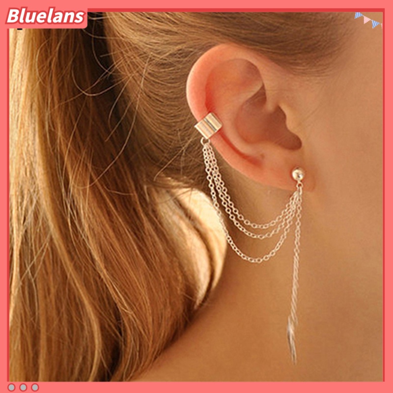 1 Buah Anting Stud: Model Cuff Rantai Berumbai Warna Perak Metalik Model Daun/Ikan/Salib