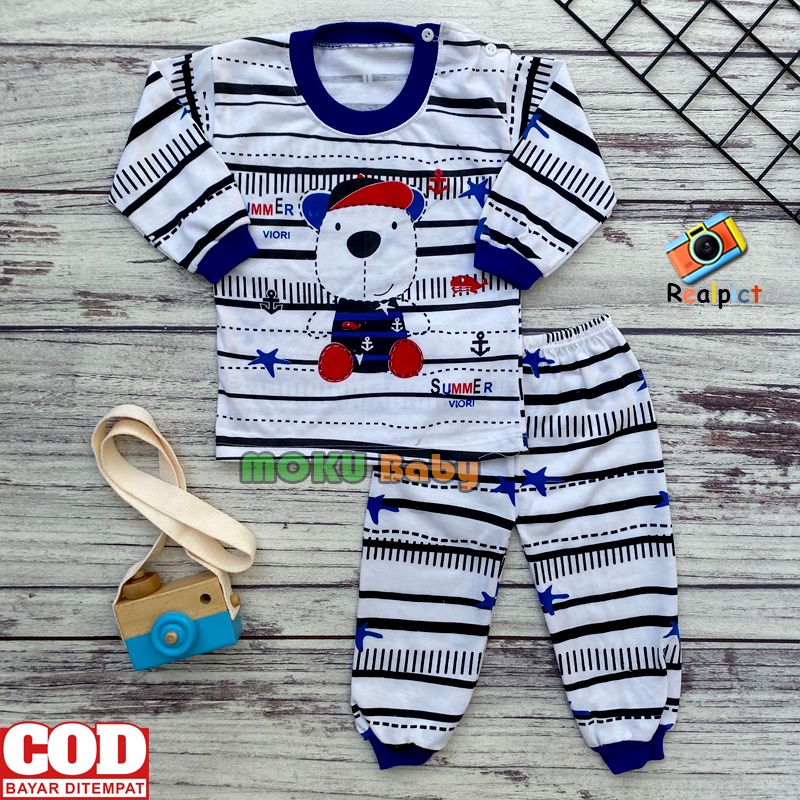 Setelan Baju Bayi Setelan Piyama Bayi Lengan Panjang Kancing Bahu Usia 3-12 Bulan Anababy