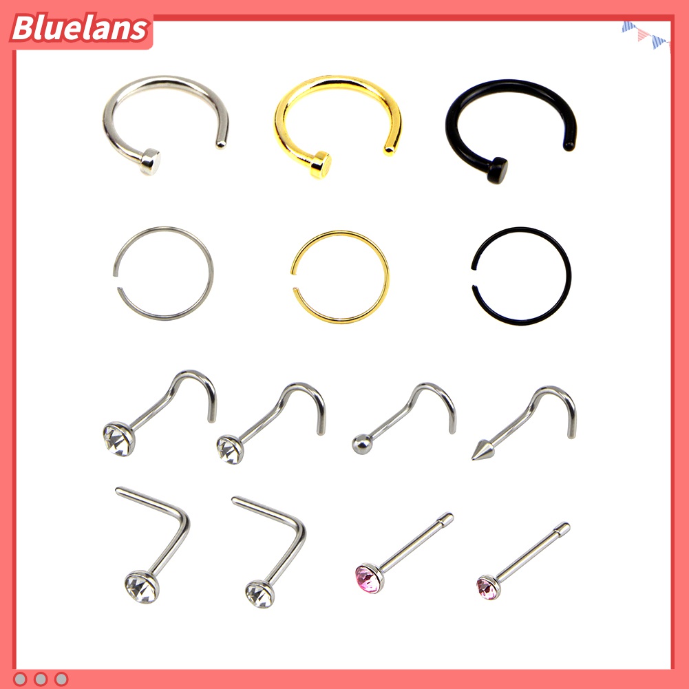 14pcs / Set Anting Tindik Hidung Bahan Stainless Steel Aksen Berlian Imitasi Bentuk Campur Untuk Unisex