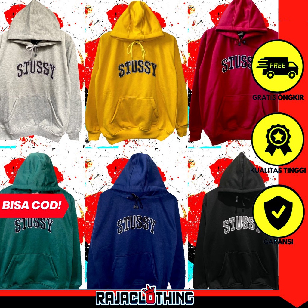 RCL - Jaket Pria Motif Stussy Hoodie Jumbo FULL BORDIR Merah Maroon - Biru Navy - Black L XL XXL