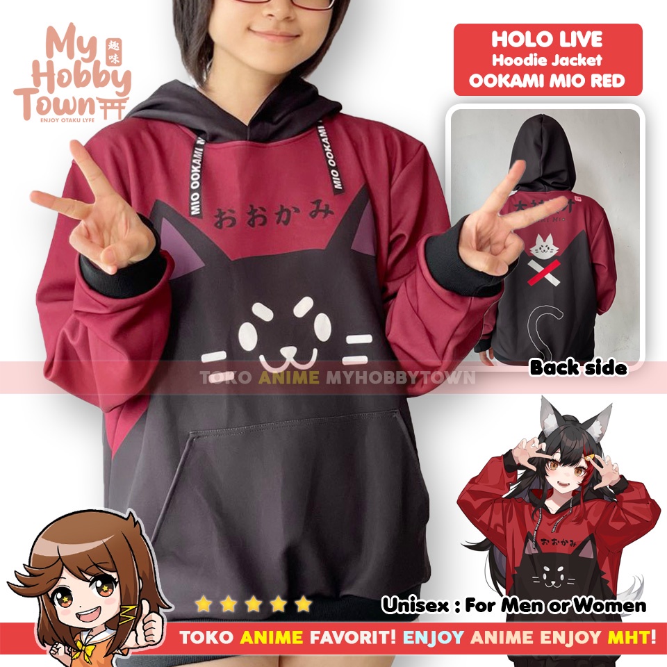 Jaket Hoodie Sweater Anime Holo Live Ookami Mio Red Impression Cosplay