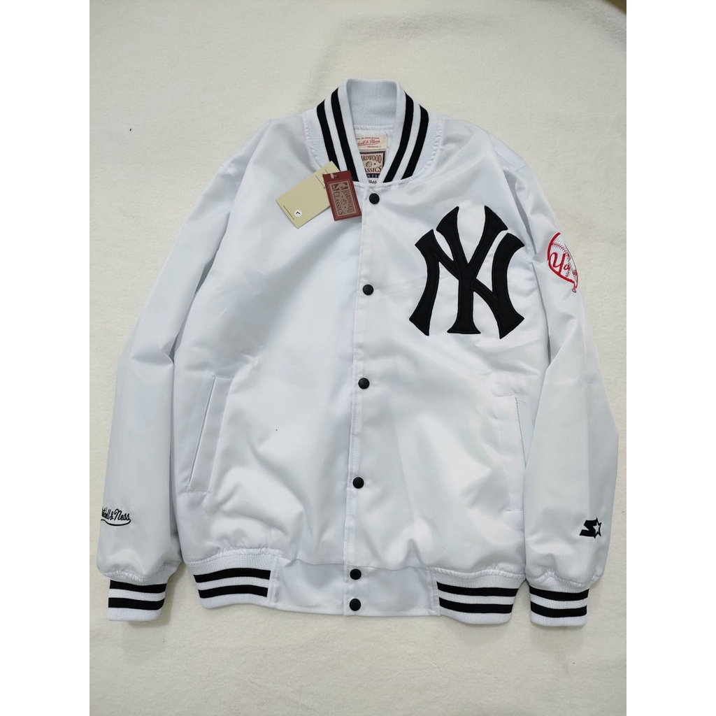 JACKET VARSITY BASEBALL- LOGO NY WHITE BORDIR PRIA-WANITA