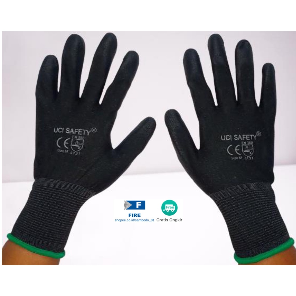 Sarung Tangan Anti Slip Hitam Black Hand Gloves Mekanik Montir Berkebun Tukang Telapak Tangan dilapisi karet Bahan Nylon Polyester Elektronik Assembly Static Multi Purpose Polyurethane Kerja Palmfit Safety Gloves Security