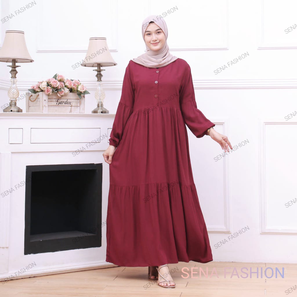 Gamis Rayon Polos Susun Canda Lengan Balon Busui Kancing Depan Terbaru