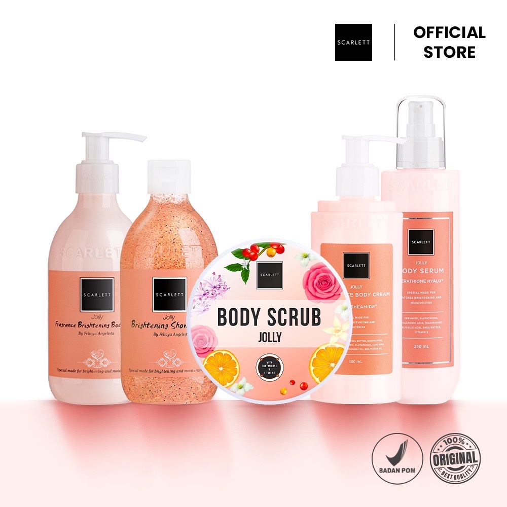 SCARLETT Whitening Brightening Shower Scrub Jolly Indonesia / 300ml / By Felicya Angelista / Special Made For Brightening And Moisturizing Skin / Glutathione Vitamin E / Body Care / Perawatan Kulit Tubuh / Sabun Mandi / Treatment Skincare Series Paket Set