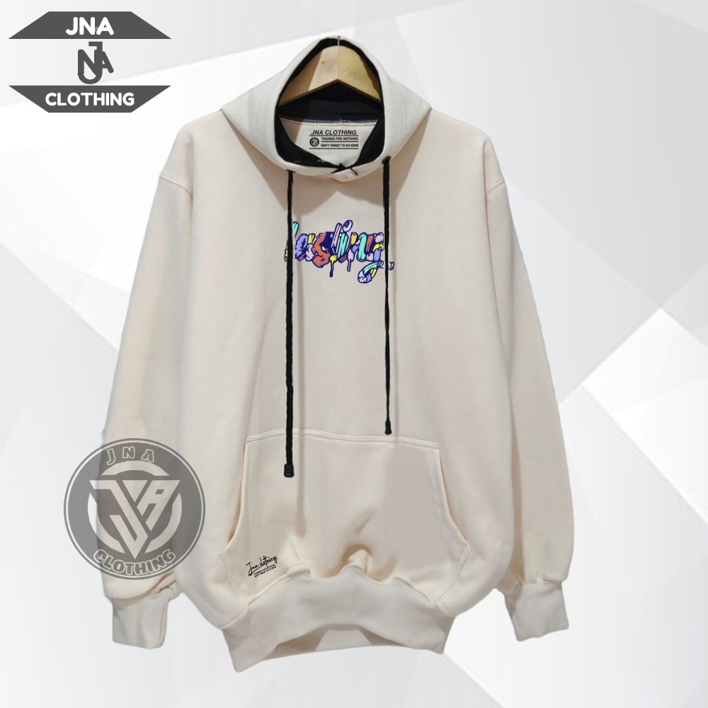 Sweater Hoodie Pria Distro JNA Clothing Warna Cream Sablon Graffity LASTING Hodie Jumper Basic Brand Local Premium Suiter Cowo Cewe