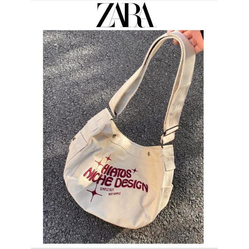 ☞ZARA tas wanita baru trendi tas kanvas berkapasitas besar bahu tas penyimpanan bordir diagonal kelas komuter tote bag