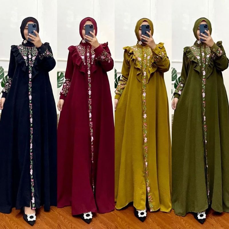 Gamis Bordir Mix Renda Terbaru Gamis Trend Kekinian Bella Maxy Dress Import Bahan Crinkle Aksen Bord