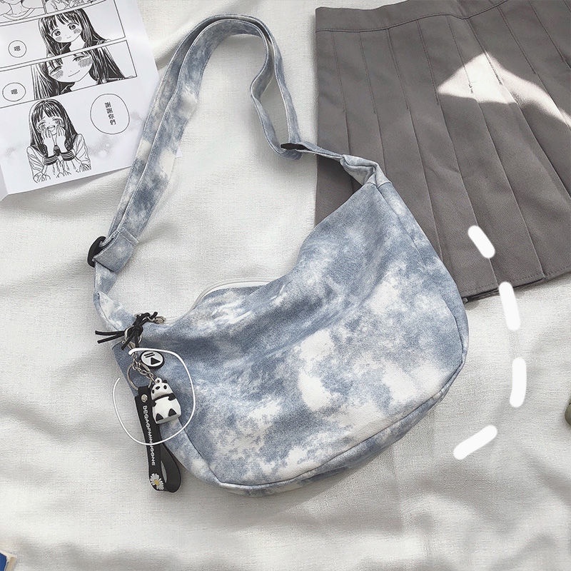 ✹Sera Jepang Harajuku Chic Tie-Dye Kanvas Tas Wanita Gaya Korea Gadis Mahasiswa Messenger Tas Bahu Dumpling Bag