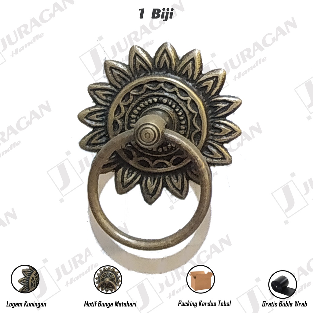 handle pintu tarikan gebyok bahan asli kuningan - gagang pintu model tarik motif bunga matahari antik