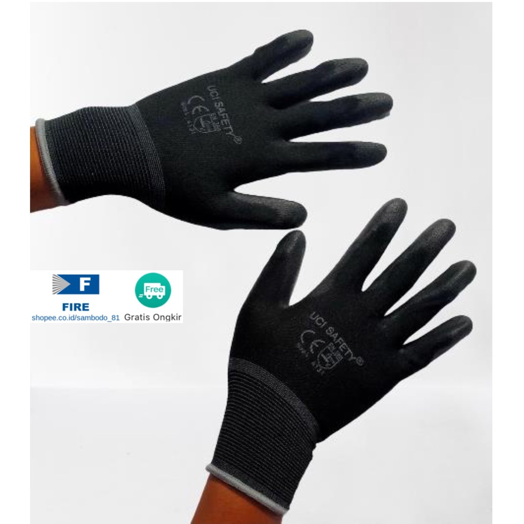 Sarung Tangan Pengaman kerja Packing PU Statis Multitask Karet Palm Fit Ukuran S,M, L, XL Proyek Satpam Anti Slip Hitam Black Hand Gloves Mekanik Montir Berkebun Tukang