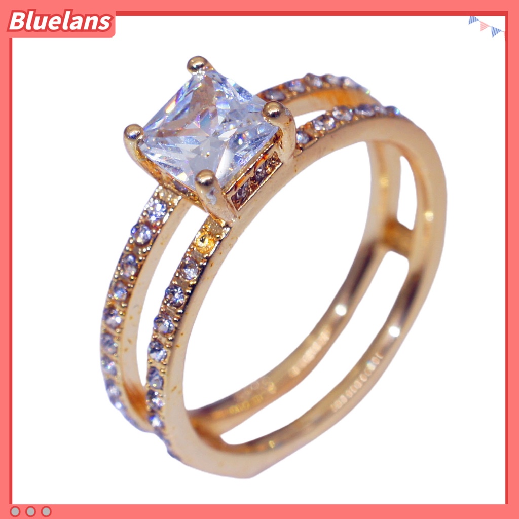 Bluelans Cincin Wanita Model Lapis Ganda Bentuk Persegi Aksen Berlian Imitasi Untuk Pernikahan