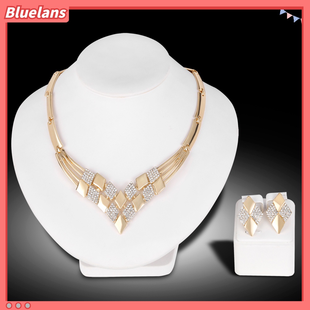 Bluelans Women KC Gold Plated Rhombus Shape Necklace Earrings Rhinestones Jewelry Set