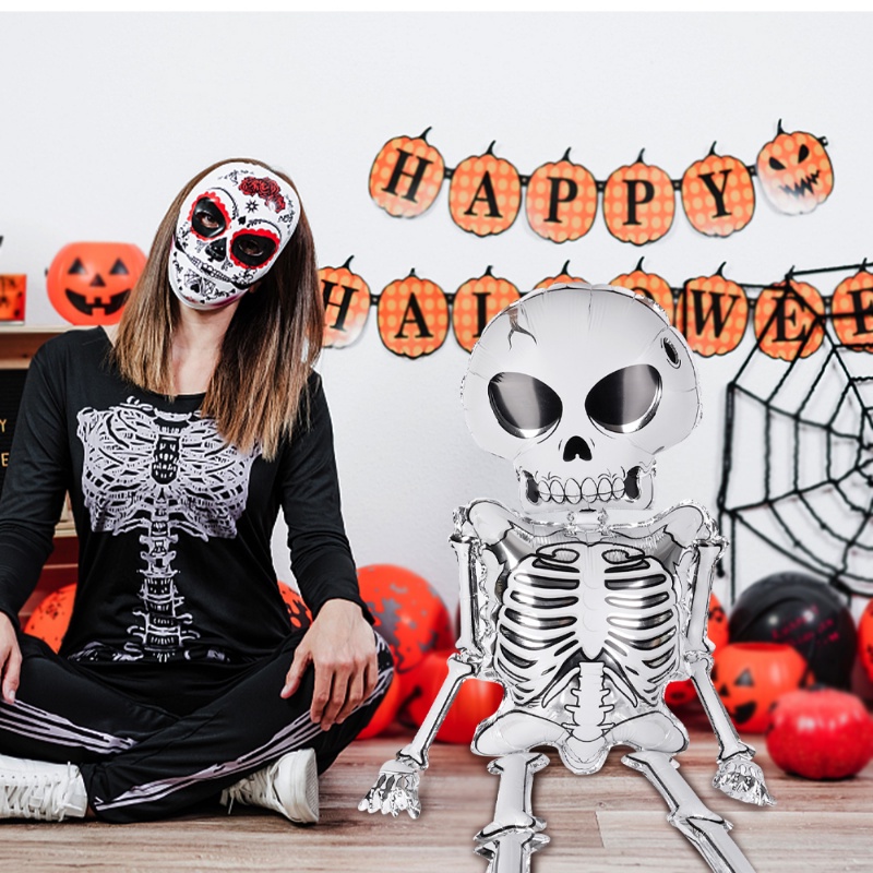 Balon Aluminum Foil Bentuk Tengkorak Ukuran 86x165cm Untuk Dekorasi Pesta Halloween