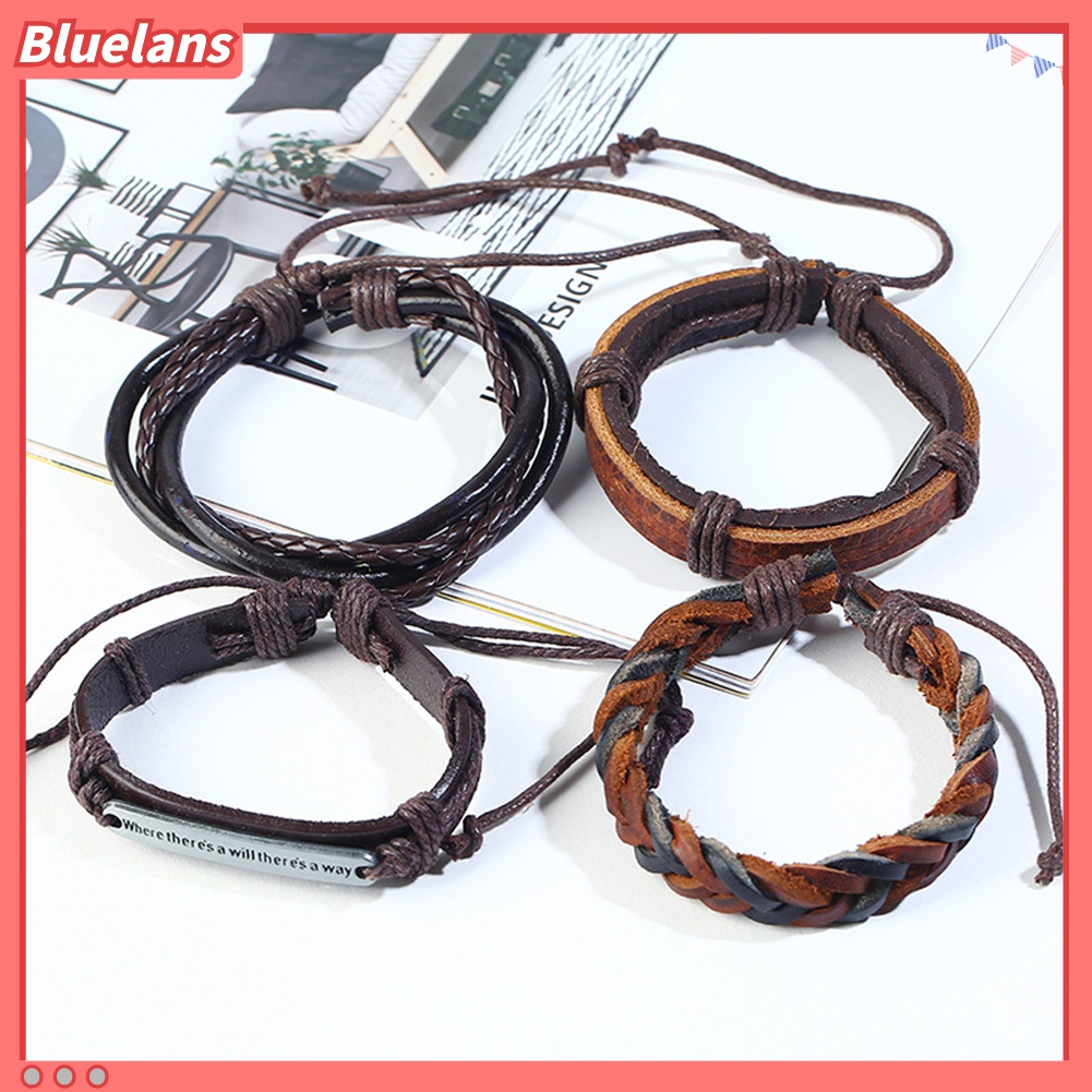 12pcs / Set Gelang Multilayer Bahan Kulit Imitasi Gaya Vintage Untuk Pria