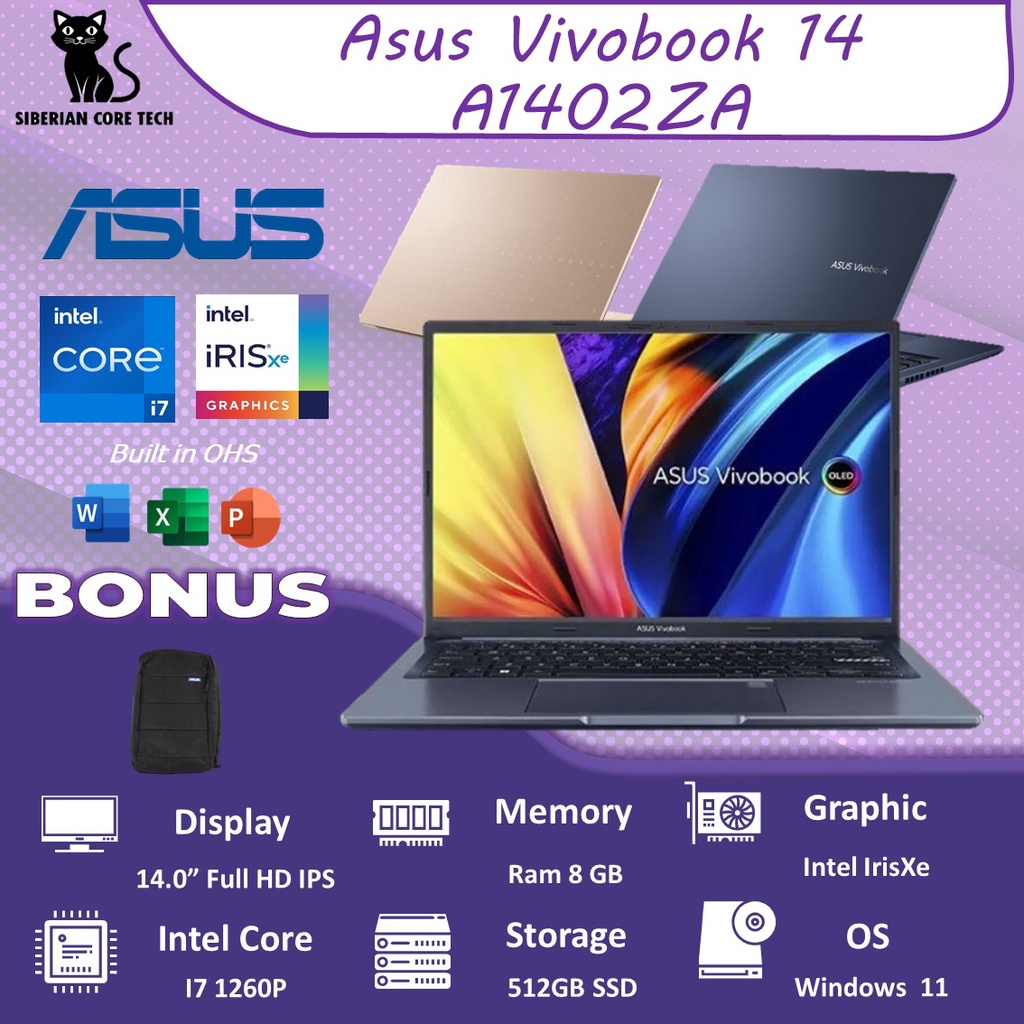 ASUS VIVOBOOK 14 A1402ZA IPS751 I7 1260P 8GB 512SSD IRISXE W11+OHS 14.0FHD IPS 100SRGB BLIT BLU