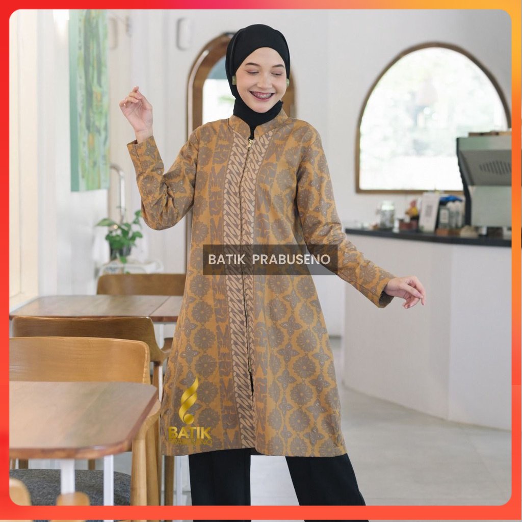 HANUM KUNING Tunik Atasan Baju Batik Wanita Lengan Panjang Original Prabuseno Modern Premium Jumbo B