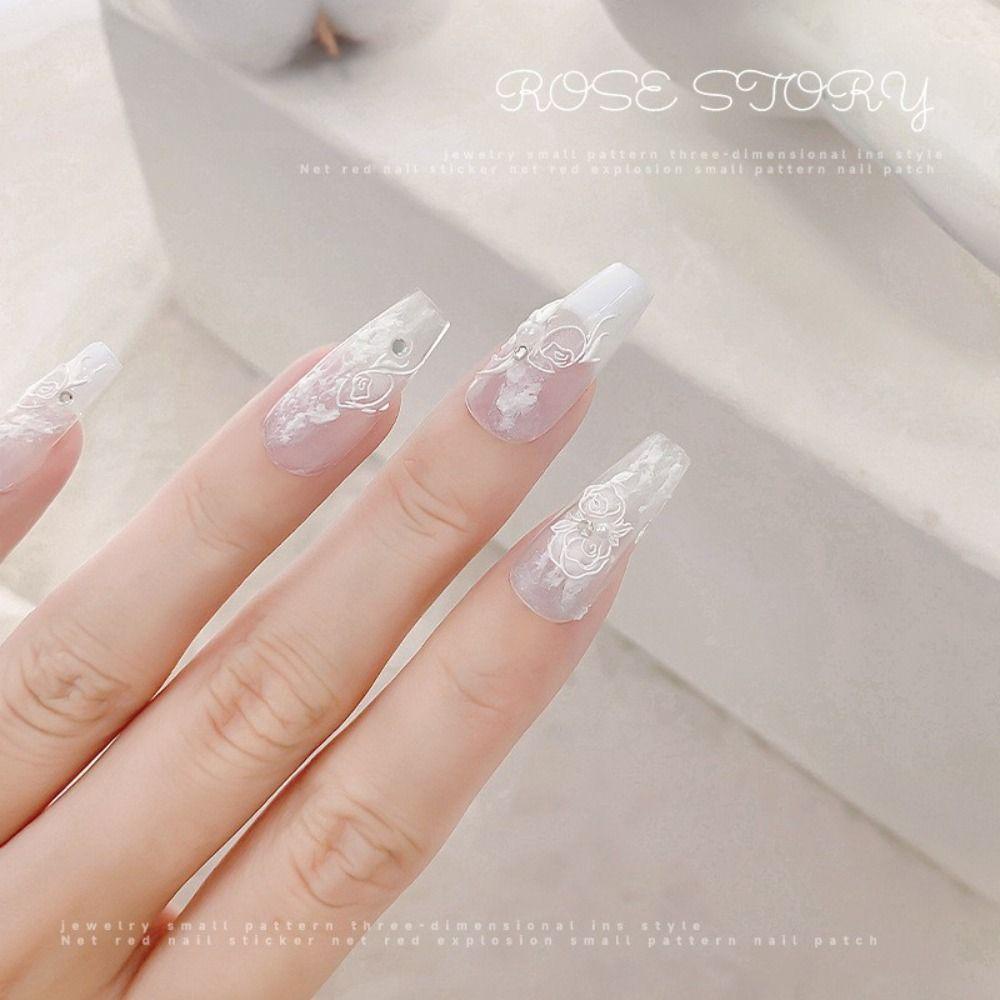 Agustina Nail Relief Rose Stiker Putih Hitam Romantis DIY Sliders Foils Manicuring Nail Dekorasi