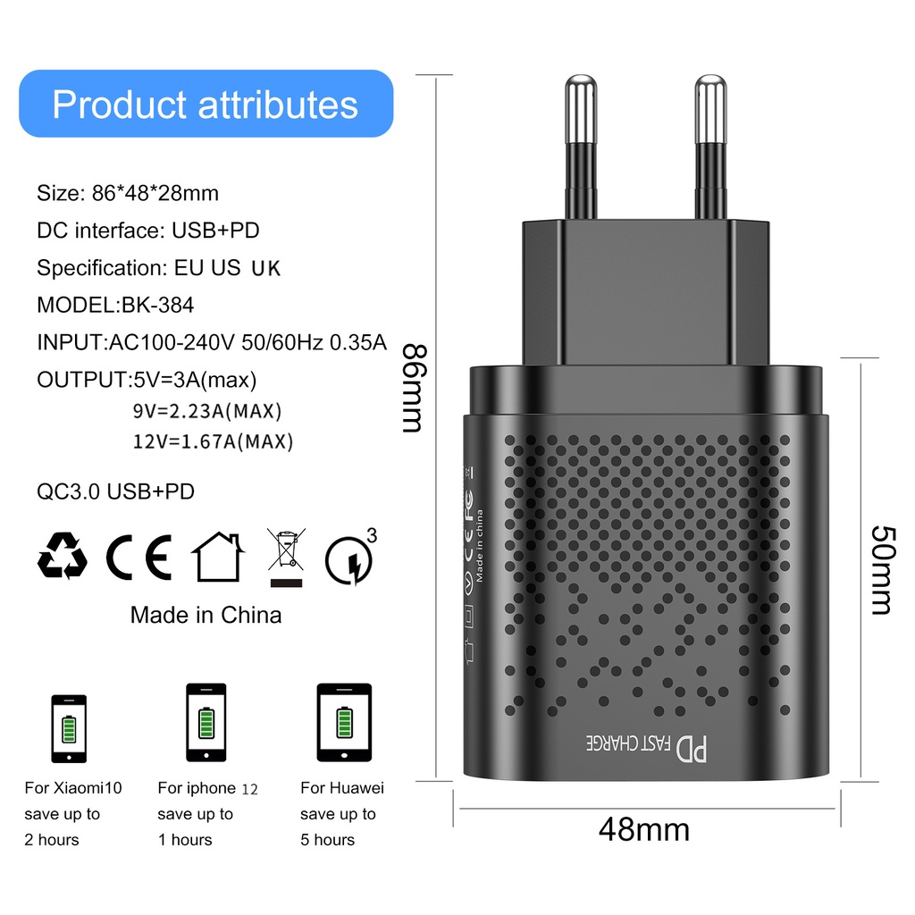 Pd Adapter Charger USB Tipe-C 20W Qc 3.0 Fast Charging Untuk Travel