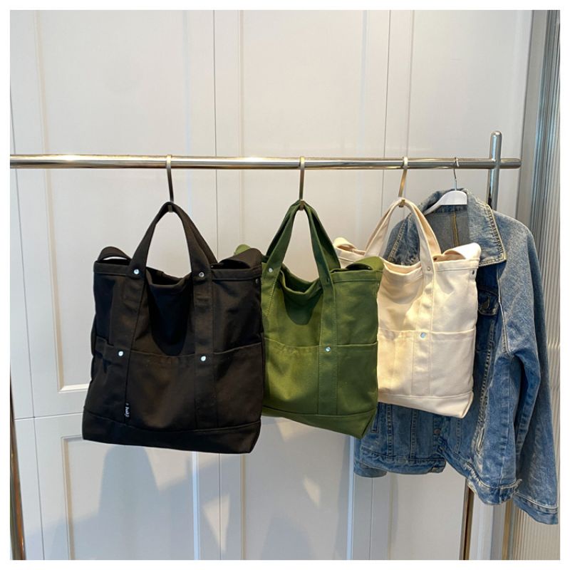 New Totebag Wanita Bahan Kanvas Multi Saku