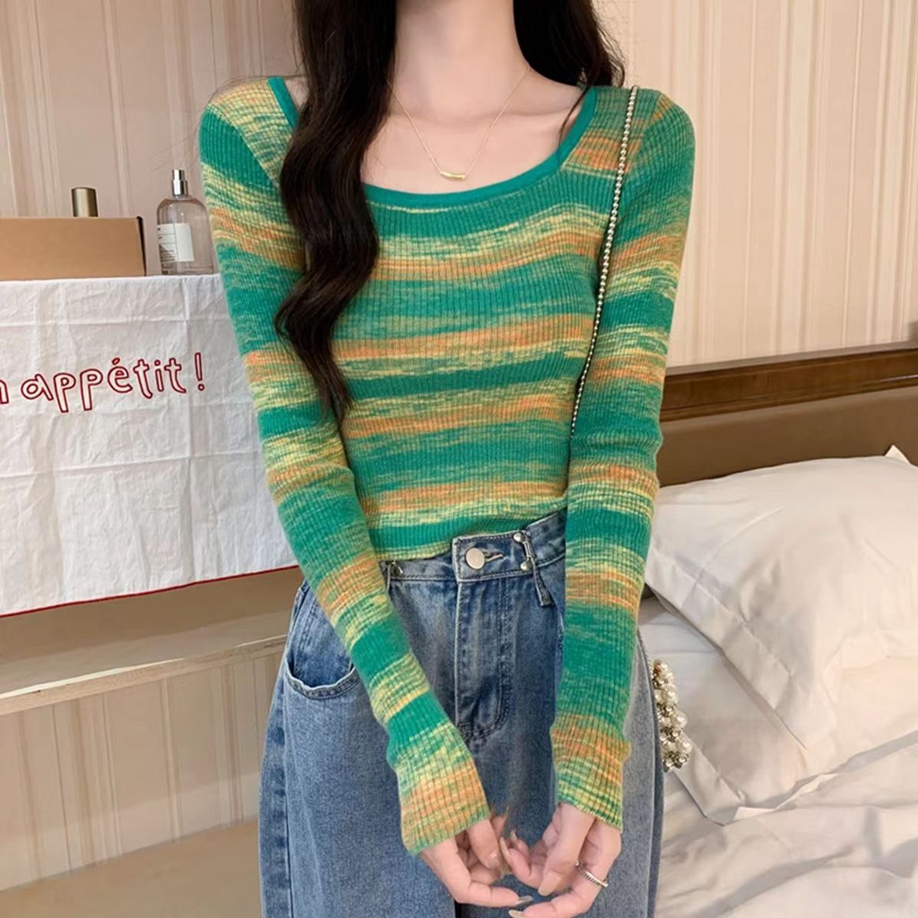 Atasan Rajut Stripe Wanita Crewneck Lengan Panjang Sweater