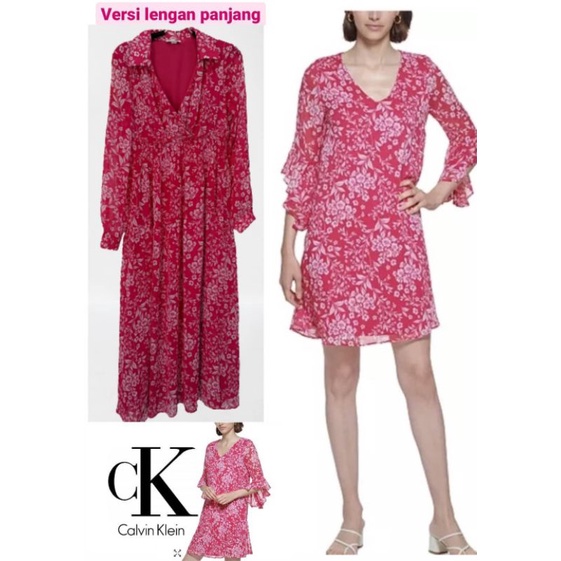 Calvin Klein maxi chiffon dress shocking pink(lengan panjang)