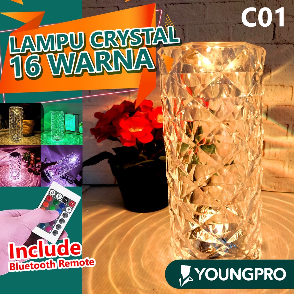 YOUNGPRO C01 Lampu Meja Sentuh Bentuk Crystal Lampu Hias Astetik Rose Diamond Lamp Table Touch Hadiah Kado Natal