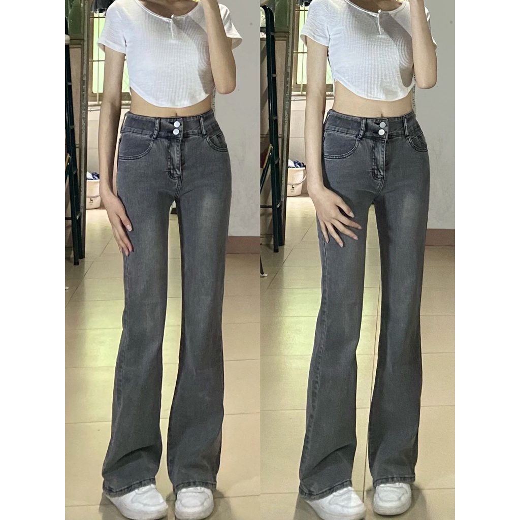 ✅COD Abu-abu hitam korean style new high waist murah cutbray stretch celana jeans panjang wanita import