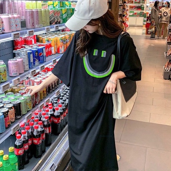 [littlecrab] Dress Kaos Oversize Bentuk Smile Black Live Matter Hitam Putih Neon Smily Baju Terusan Panjang Santai Simple Unik Elegan Berkualitas Emoticon Senyum Lengan Pendek Korean Style