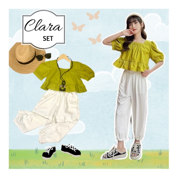 Baju SEtelan Anak Perempuan Blouse Hijau Celana Putih Baju Pantai Anak