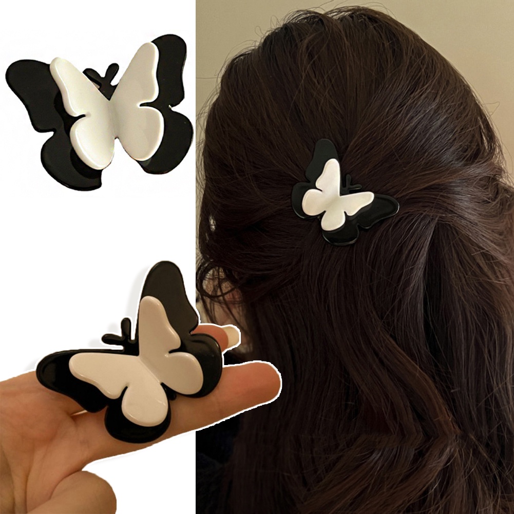 Jepit Rambut Model Butterfly Warna Hitam Dan Putih Gaya Retro Perancis Untuk Wanita