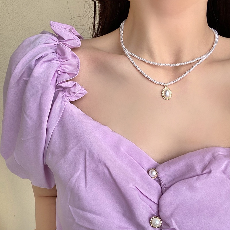 Kalung choker Rantai Klavikula Hias Mutiara Imitasi Ganda Untuk Wanita